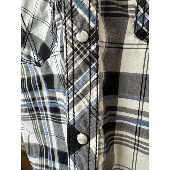 Men's BKE Denim Button Down Shirt L Large Plaid Blue Striped Pearl Snap Buttons - Picture 4 of 5